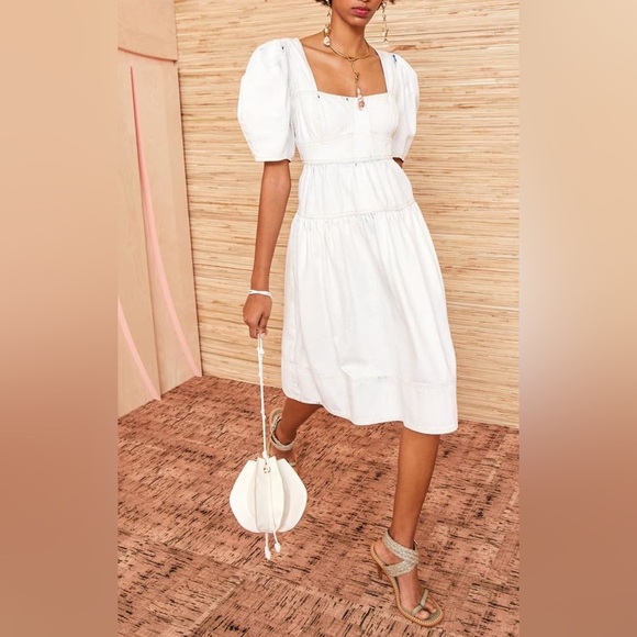 Ulla‎ Johnson Ames Denim Dress Whitewash Corset Empire Waist Puff Sleeve Size 4 - Picture 1 of 16